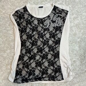 Von Dutch Originals Black Lace Front Graphic Tee Sheer Floral Panel Women's Sz S